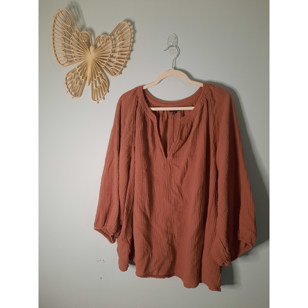 Torrid Womens 5 Plus Rust Terracotta Cotton Double Gauze V-Neck Blouse Top